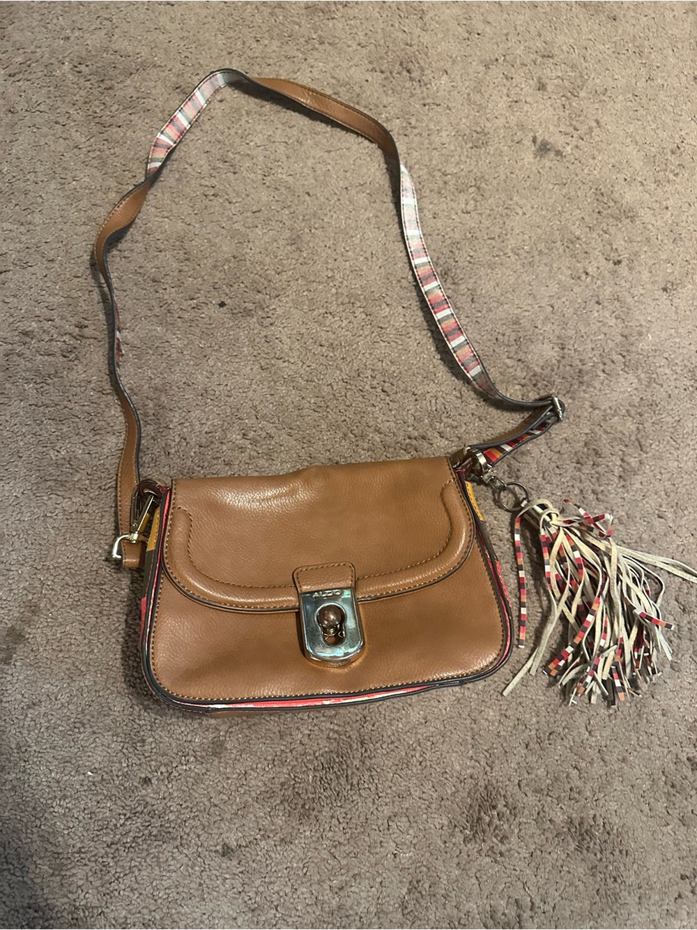 Aldo Brown Leather Crossbody with Patterned Strap and Tassel